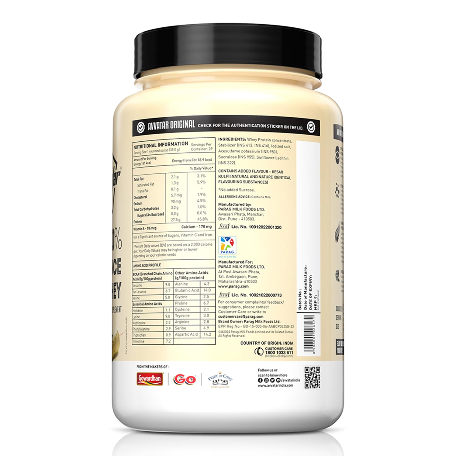 Container of protein powder with nutritional information label on a white background