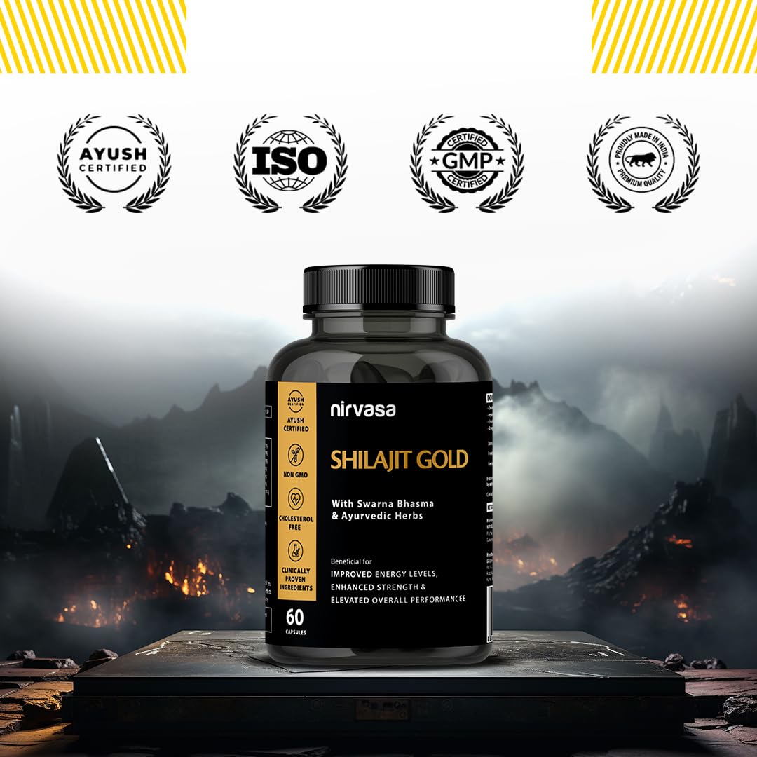 Nirvasa Shilajit Gold Capsules (60) | 100% Pure Himalayan Shilajeet with 24K Gold | Boosts Strength, Stamina, Energy & Performance | Vitality & Immunity | Gokshura, Akarkara & Safed Musli