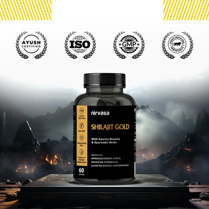 Nirvasa Shilajit Gold Capsules (60) | 100% Pure Himalayan Shilajeet with 24K Gold | Boosts Strength, Stamina, Energy & Performance | Vitality & Immunity | Gokshura, Akarkara & Safed Musli