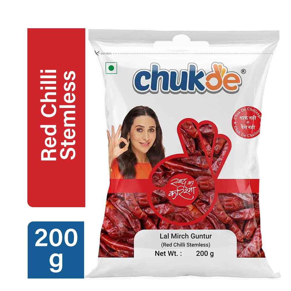 Chukde - Lal Mirch Sabut Guntur - Chilli Stemless Whole - Fresh Chilli Peppers, Perfect for Cooking and Flavoring - No Additives or Preservatives - Whole Spices - 200 Gm