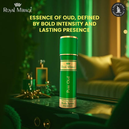 Green bottle of Royal Mirage Pure Oud body spray on a table with text about bold intensity and lasting presence.