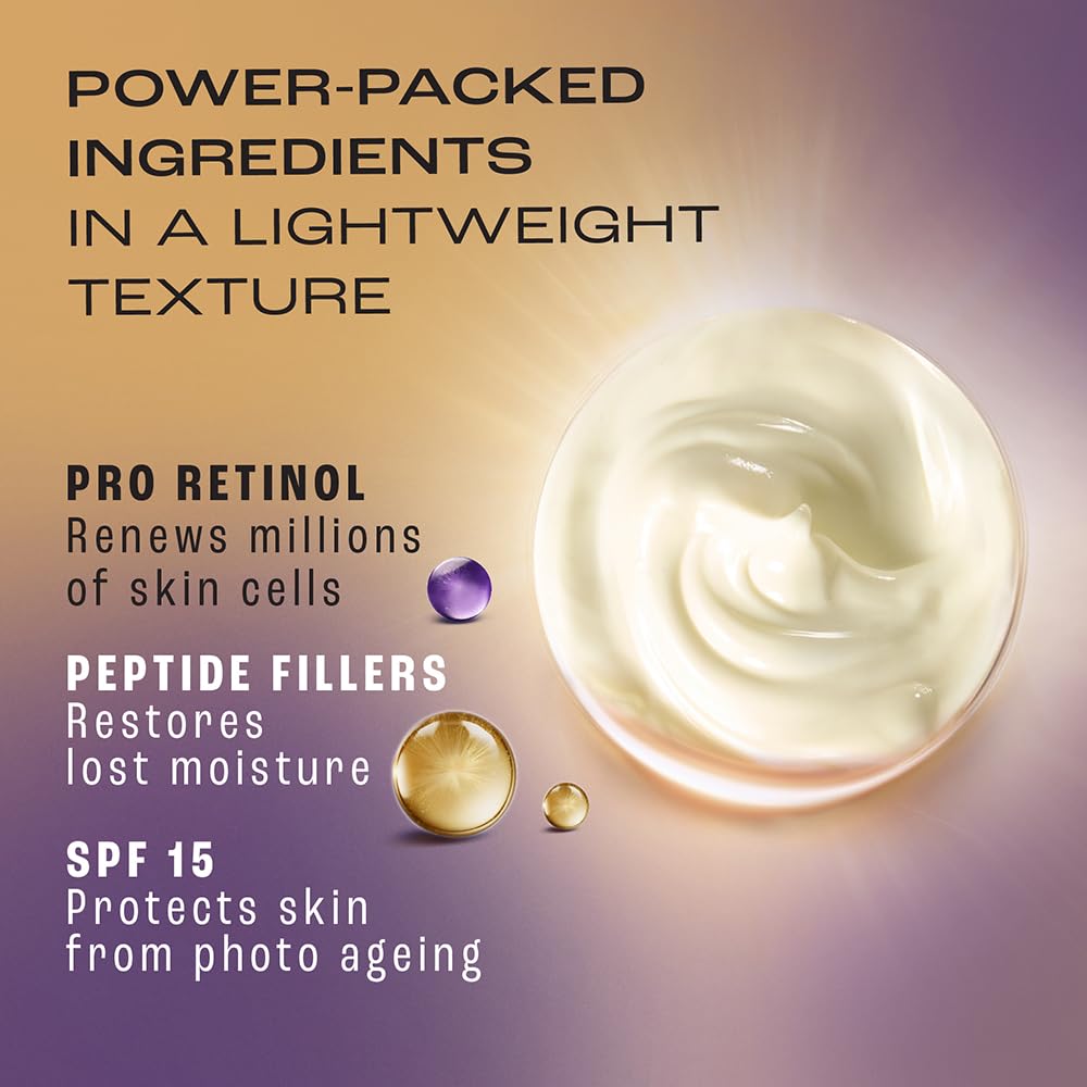 Cosmetic cream with text highlighting ingredients and benefits on a gradient background