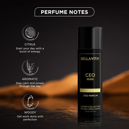 Bellavita CEO Man deodorant spray with perfume notes on a dark background