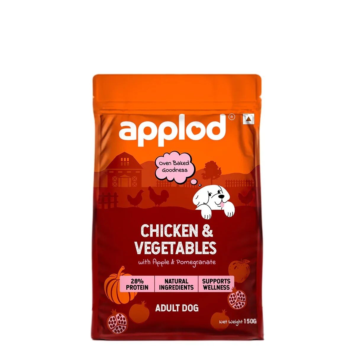 Applod Chicken & Vegetables with Apple & Pomegranate Adult Dry Dog Food | Oven-Baked Complete Nutrition for Skin & Coat Health | Vet-Reviewed Formula | 150g