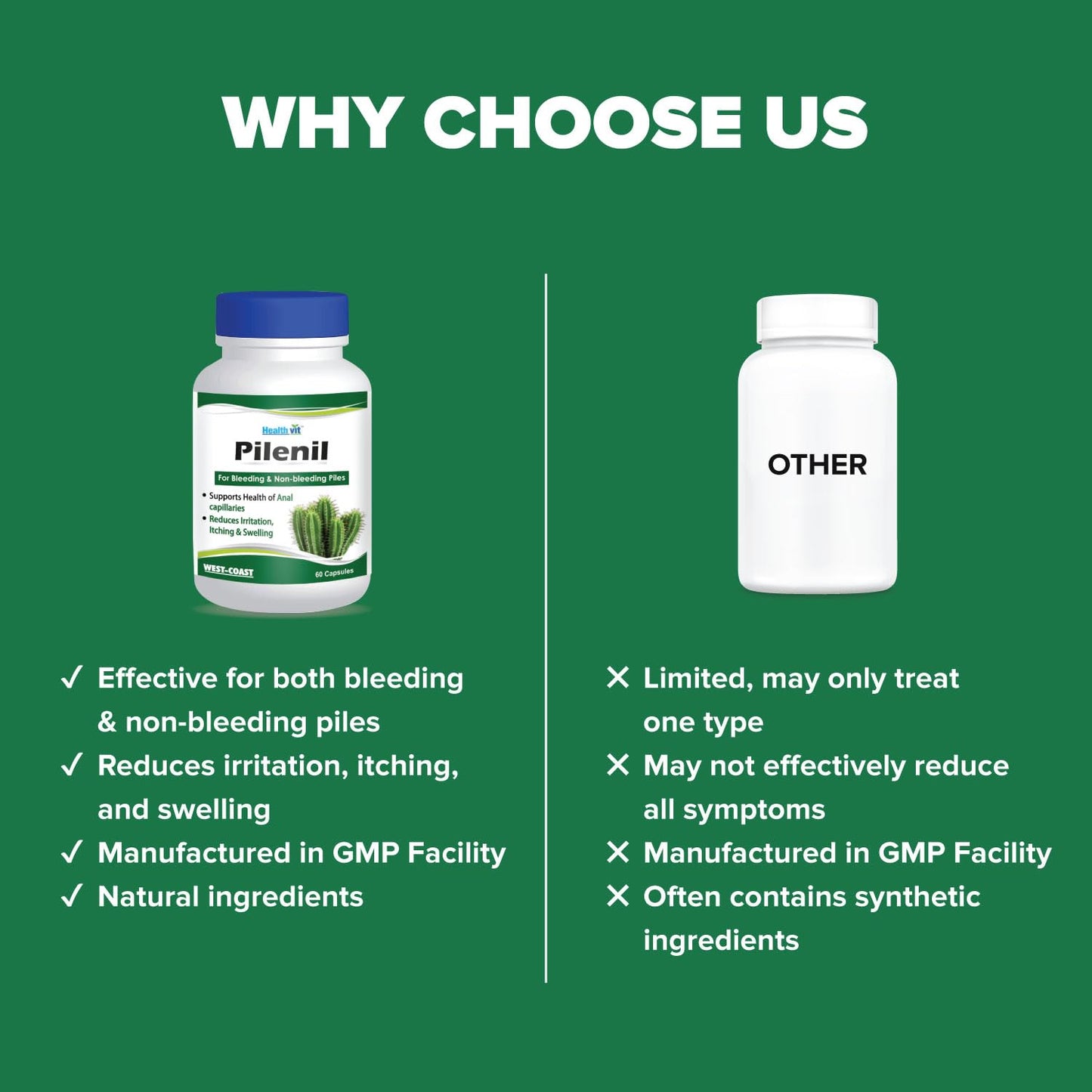 Comparison of Pilenil product with other similar products on a green background