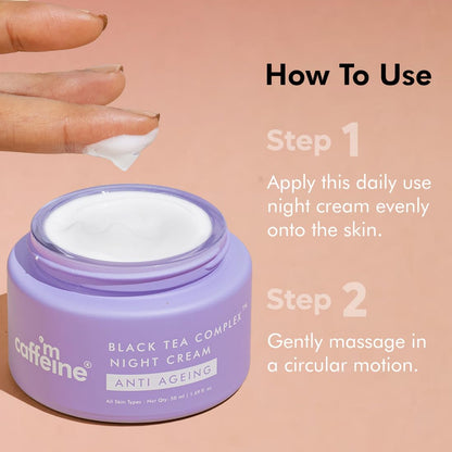 Caffe'm Night Cream jar with application instructions on a pink background