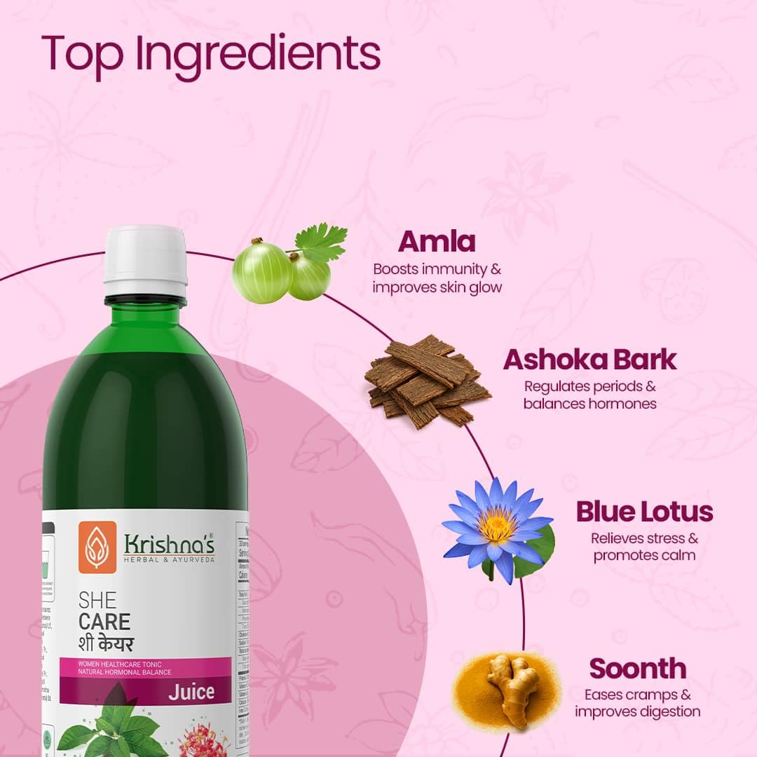 KRISHNA'S HERBAL & AYURVEDA Women's She Care Juice Infused With 5 Herbs for Hormonal Balance, PCOS, PCOD, Period Pain Relief, Hair & Skin Health, Clinically Proven - 1000 ml (Pack of 1)