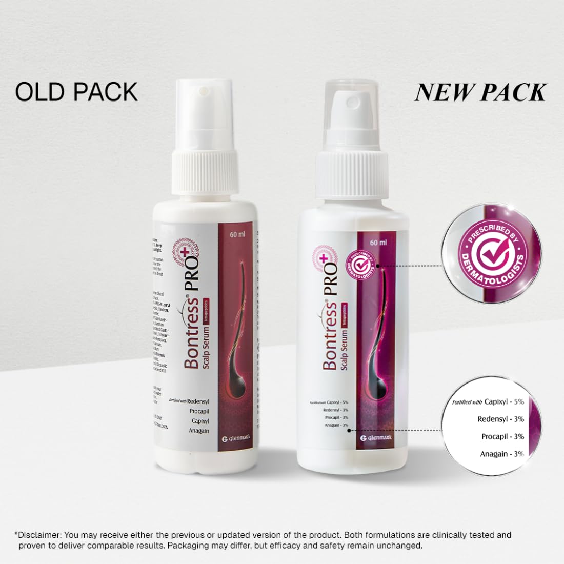 Two bottles of Bontress Pro+ scalp serum with old and new packaging labels on a light gray background.