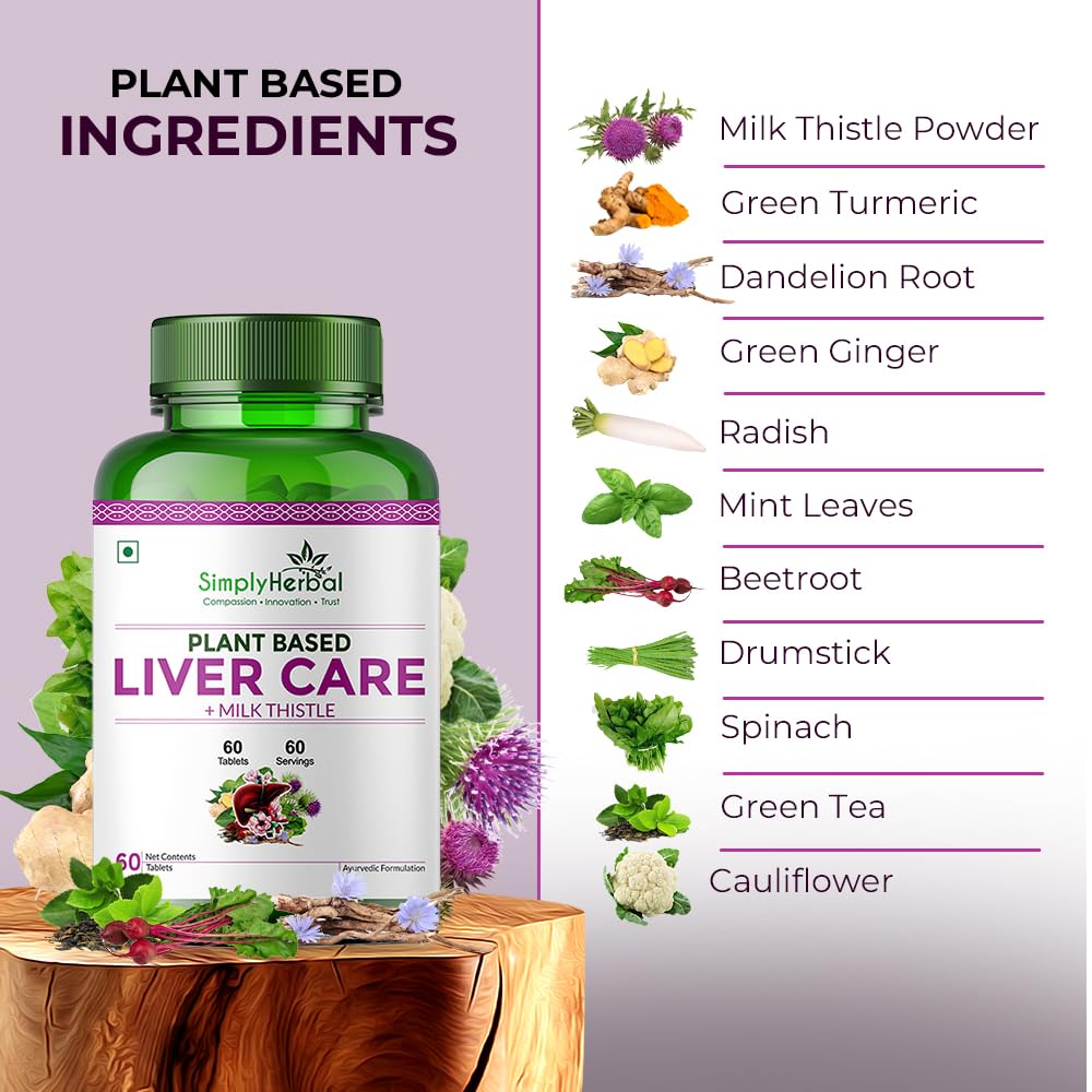 Simply Herbal Plant Based Liver Detox Tablet, Milk Thistle Extract Supplement for Men and Women | Liver Care Health & Gall Bladder Health Supplement | Dandelion, Drumstick, Green Turmeric (60 Tablets)