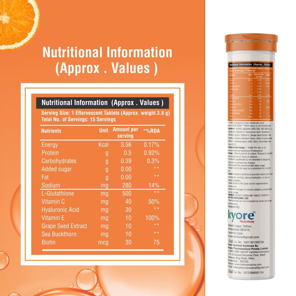 Nutritional information panel with a supplement tube on an orange background