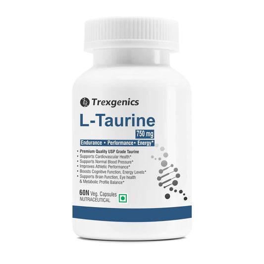 Trexgenics L-TAURINE 750 mg Nervous System, Energy, Heart, Cardiovascular system, Brain, Eye Health Support (60 Vcaps) (Pack of 1)