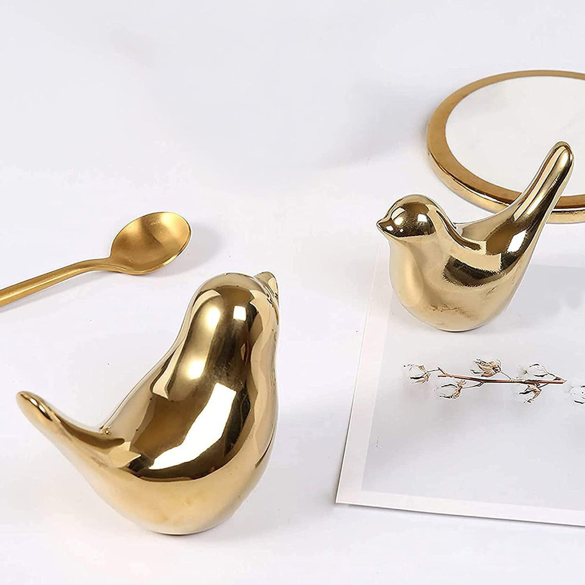 Ceramic Golden Birds Showpiece for Home Decor | Set of 3 Decorative Bird Figurines | Gold Bird Statue for Living Room, Bedroom, Office Desk, Cabinet & Shelf Decoration (Pack of 2, Golden)