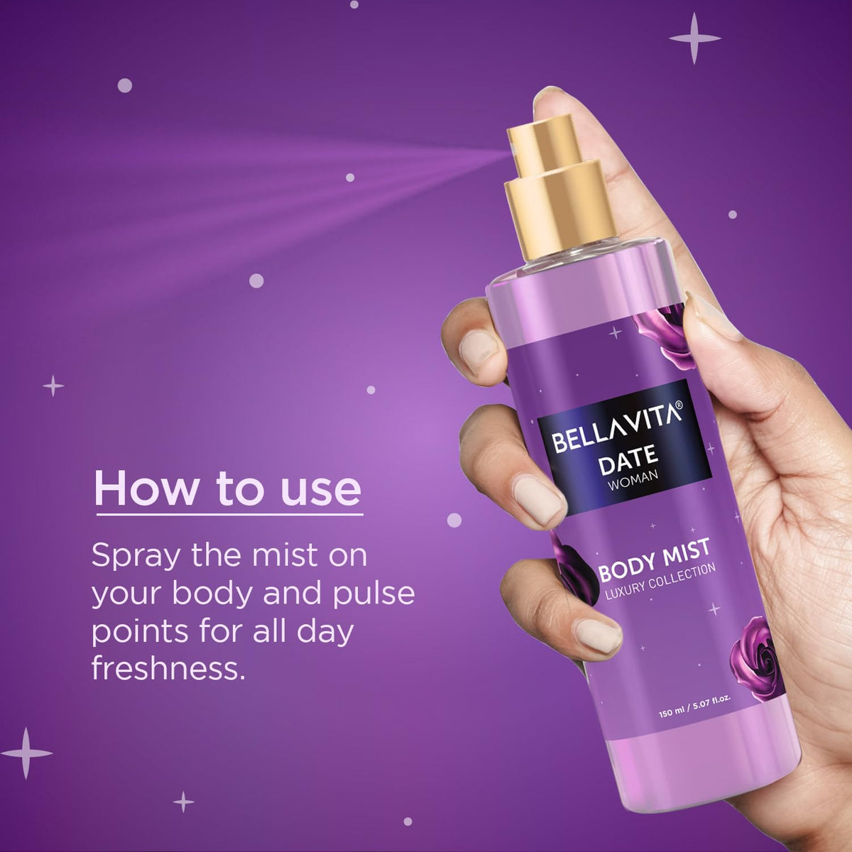 Purple body mist bottle held by a hand with text on a purple background