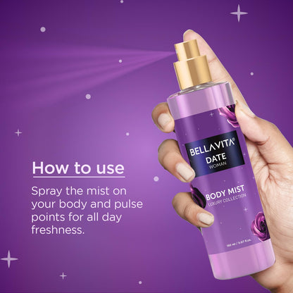 Purple body mist bottle held by a hand with text on a purple background