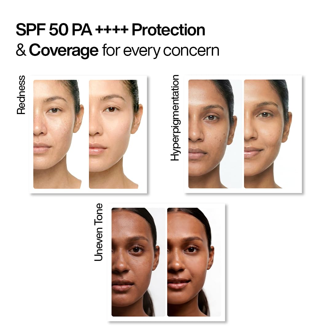 Product advertisement showing faces with different skin concerns and SPF 50 PA++++ protection text.