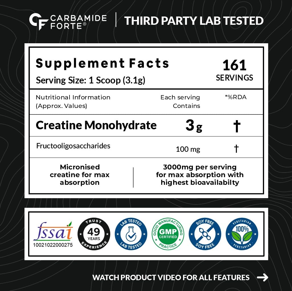 Supplement label for Carbamide Forte with nutritional information and certification logos on a black background.
