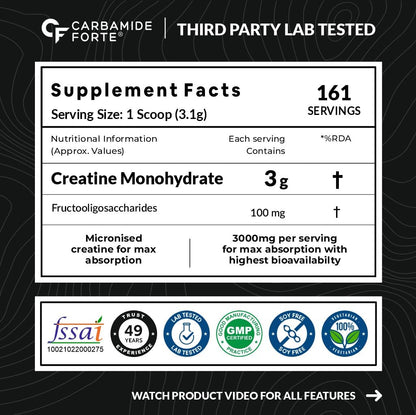 Supplement label for Carbamide Forte with nutritional information and certification logos on a black background.
