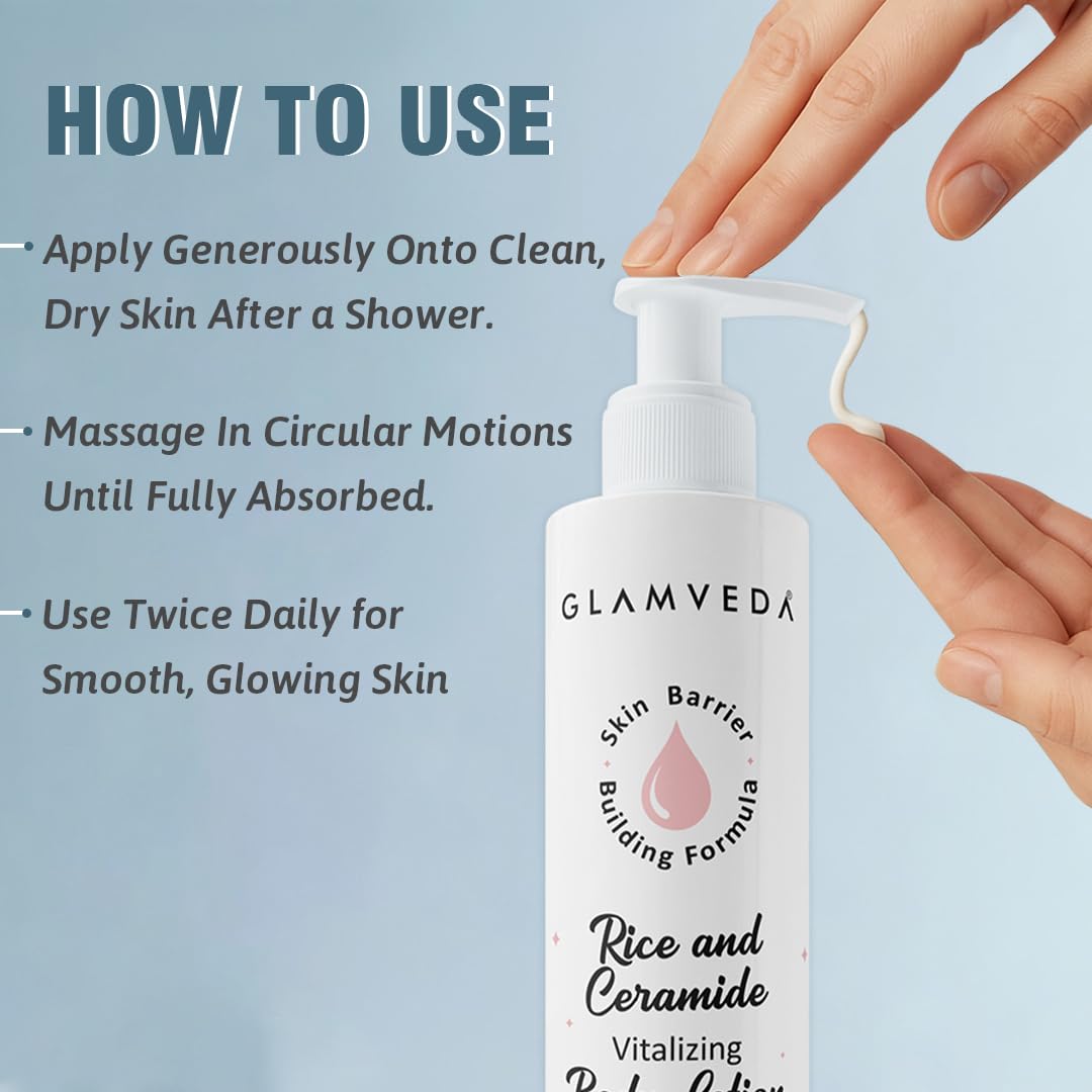 Glamveda Rice & Ceramide Glass Skin Body Lotion Moisturizer 200ml | 24Hr Hydrating Deep Nourishment Moisture for Dry Skin | Non Greasy, Lightweight | For Glowing, Soft, Radiant & Repair Skin Barrier