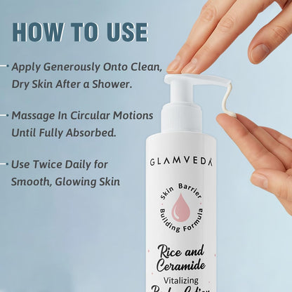 Glamveda Rice & Ceramide Glass Skin Body Lotion Moisturizer 200ml | 24Hr Hydrating Deep Nourishment Moisture for Dry Skin | Non Greasy, Lightweight | For Glowing, Soft, Radiant & Repair Skin Barrier