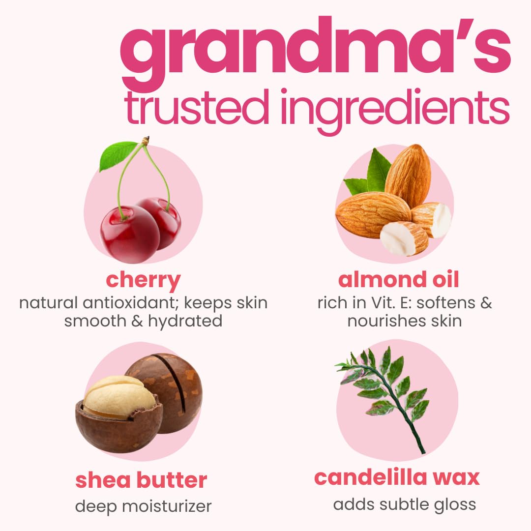 Ingredients used in skincare products with cherry, almond oil, shea butter, and candelilla wax on a pink background.