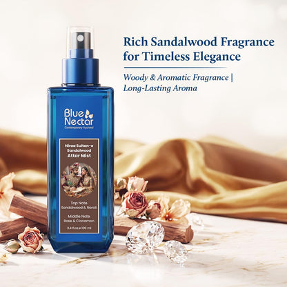 Blue Nectar Sultan-e Sandalwood Attar Mist | Perfume Mist for Men & Women| Long Lasting Chandan Attar with Rose & Cinnamon | Woody Floral Body Mist | Travel Friendly (100 ml)