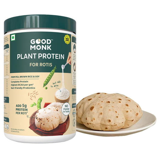 Good Monk Plant Protein for Rotis | Add to Atta - No Taste Change | 20 gm protein in 4 Rotis | From Pea, Brown Rice & Soy | Clean Protein & Gut Friendly Probiotics | All Essential Amino Acids | Stronger Muscles | No Added Sugar/Sweetener | 460 gm