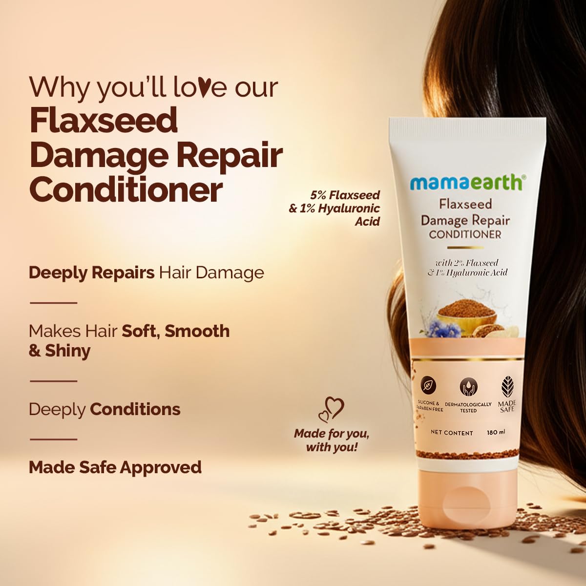 Mamaearth Flaxseed Damage Repair Conditioner with 2% Flaxseed, 1% Hyaluronic Acid, Ceramides | Makes Hair Soft, Smooth & Shiny | Deeply Conditions | Dry & Frizzy Hair | Sulphate & Paraben Free | 180 ml