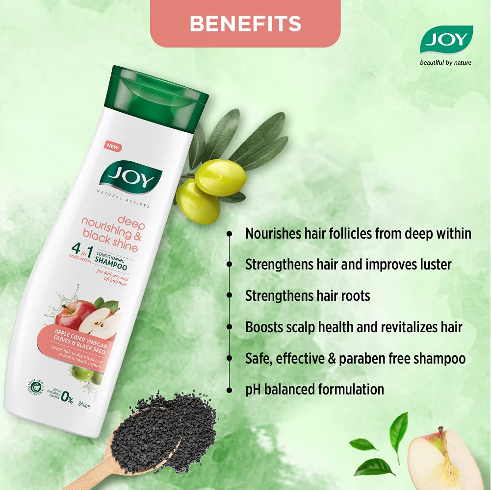Joy Deep Nourishing & Black Shine Hair Shampoo (340ml)| 4 in 1 Conditioning Shampoo with Apple Cider Vinegar, Olives & Black Seed for Restoring Dull & Dry Hair | For Men & Women
