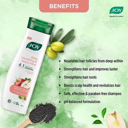 Joy Deep Nourishing & Black Shine Hair Shampoo (340ml)| 4 in 1 Conditioning Shampoo with Apple Cider Vinegar, Olives & Black Seed for Restoring Dull & Dry Hair | For Men & Women
