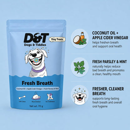 Dogs & Tiddles Fresh Breath & Oral Care Dog Treats for Puppies & Adult Dogs, 70g | Soft & Chewy Real Chicken | with Coconut Oil, Apple Cider Vinegar, Parsley & Mint | Easily Digestible & Healthy