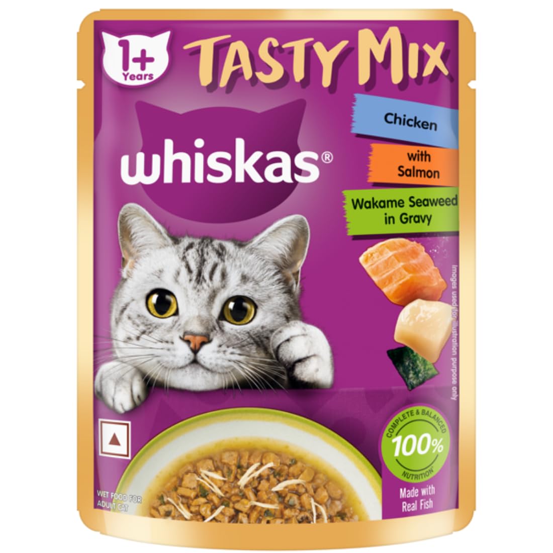 Whiskas Tasty Mix Adult (1+ Year) Wet Cat Food, Chicken with Salmon Wakame Seaweed in Gravy, 70 g, Cat Food Made with Real Fish, Complete & Balanced Nutrition for Adult Cats