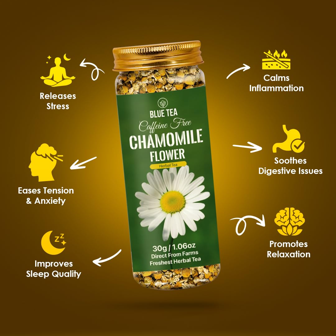 BLUE TEA - Chamomile Tea - 50+ Cups | SLEEP & RELAXATION | Herbal Tea - Caffeine Free - Flower Based - Non-Bitter | Reusable Pet Jar