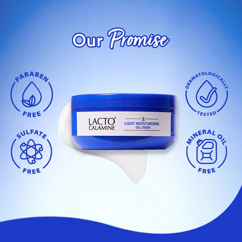 Lacto Calamine light moisturising gel cream jar with 'Our Promise' text and icons on a blue background