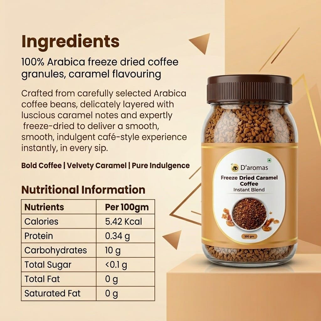 D'aromas Freeze Dried Caramel Coffee 100g | Premium Instant Flavoured Coffee Powder | Rich Aroma Smooth Caramel Taste | Perfect for Hot & Cold Coffee, Latte & Cappuccino