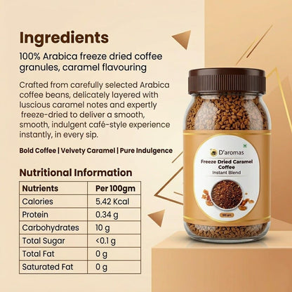 D'aromas Freeze Dried Caramel Coffee 100g | Premium Instant Flavoured Coffee Powder | Rich Aroma Smooth Caramel Taste | Perfect for Hot & Cold Coffee, Latte & Cappuccino