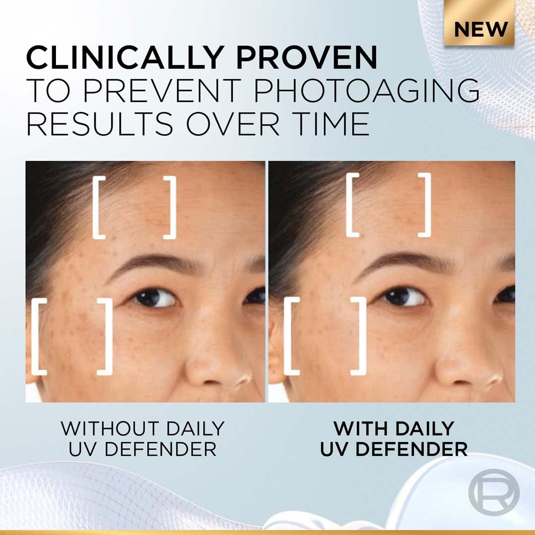 Before and after comparison of skin with and without daily UV defender, clinically proven to prevent photoaging.