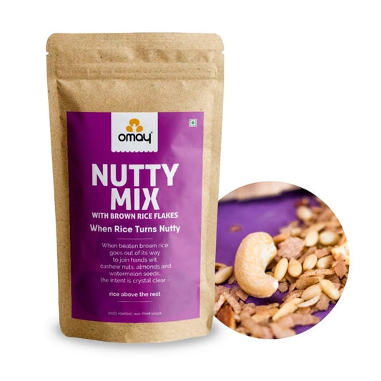 Omay Foods Nutty Mix, 400g Pouch | Brown Rice Chivda with Cashews, Almonds and Watermelon Seeds | Chatpata Trail Mix | Oil Free Roasted Snack | Healthy Namkeen | Weight Loss Snack