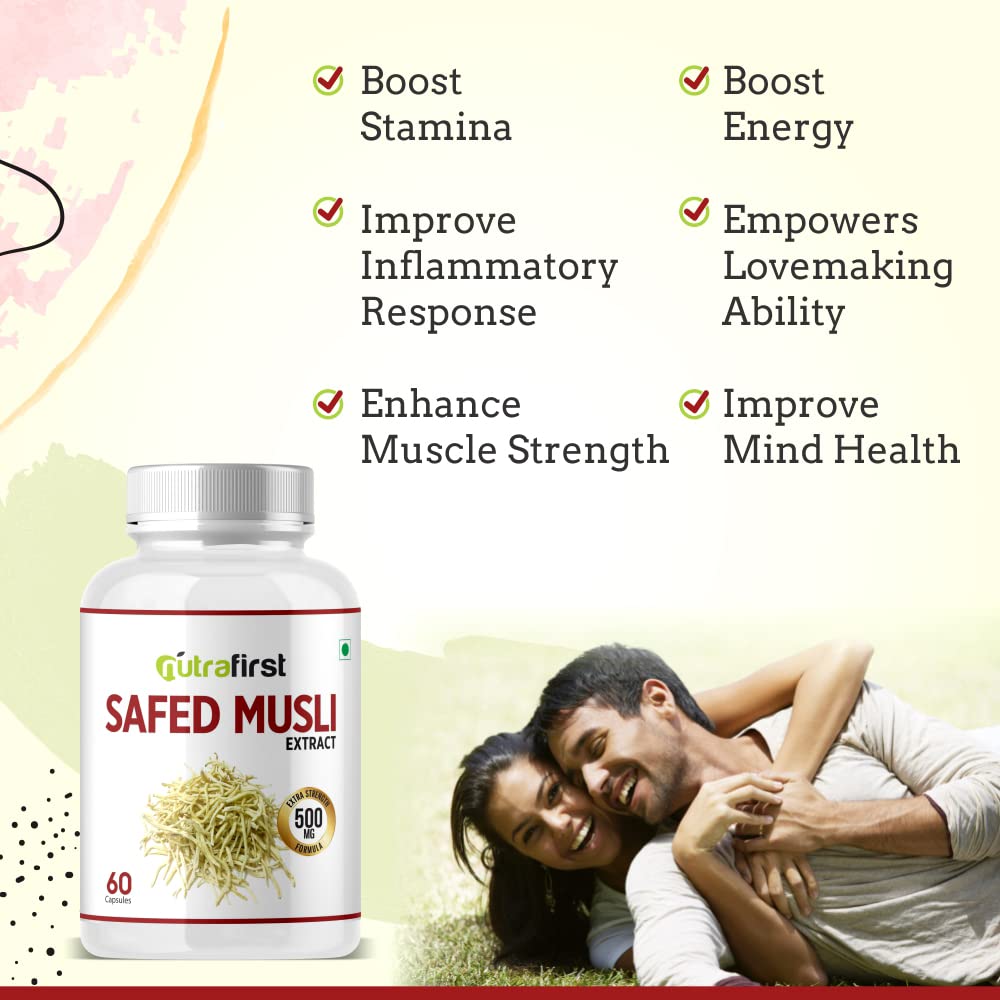Nutrafirst Safed Musli Extract Capsules (500mg, 60 Caps) | Natural Strength, Stamina & Energy Booster | Supports Muscle Health, Performance, Vitality & Immunity | For Men & Women