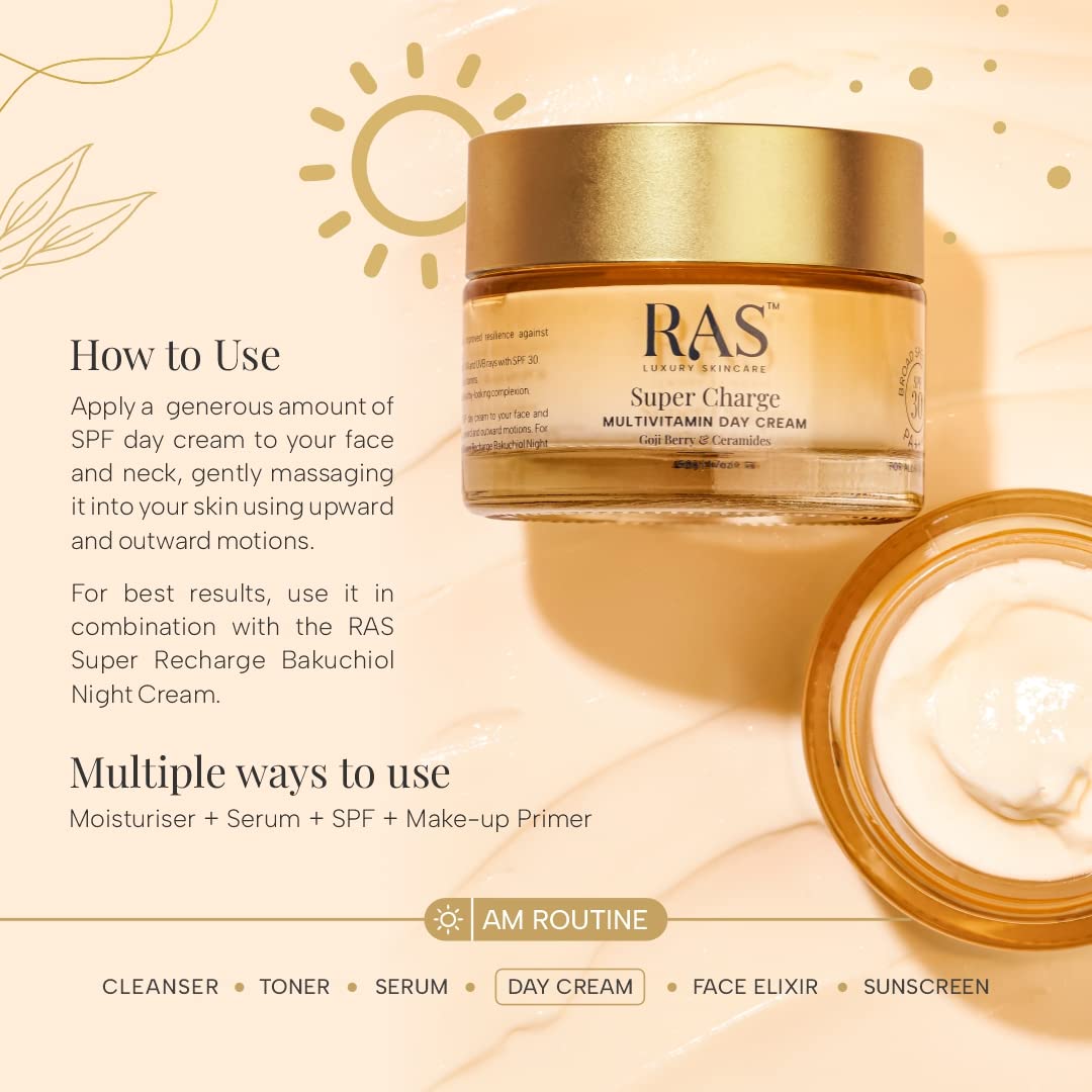 Ras Luxury Oils Super Charge Day Cream with Multivitamin SPF 30 PA++++ Goji Berry & Ceramides | Moisturizer for Glowing Skin with 72HR Hydration | Protection from UVA & UVB | Luxury Skincare