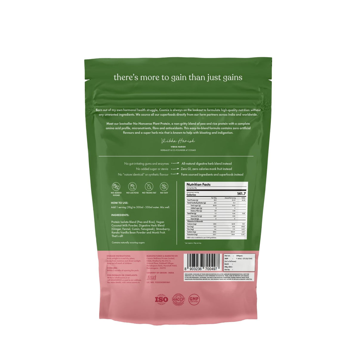 Green and pink protein powder package with text and nutrition label on a white background