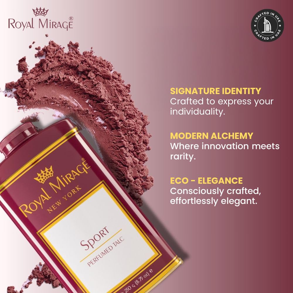 Royal Mirage Sport Deodorizing Talc | Silky Soft & Fresh Skin | Floral & Woody Notes | All-Day Refreshing Comfort | Ideal Post-Gym Talc | Energizing Scent | Unisex Powder | 250g
