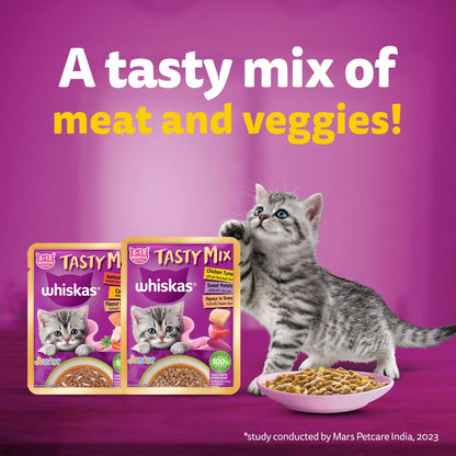 Whiskas Tasty Mix Kitten (2-12 Months) Wet Cat Food, Chicken, Tuna with Sweet Potato in Gravy, 70 g, 100% Complete & Balanced Nutrition for Kittens