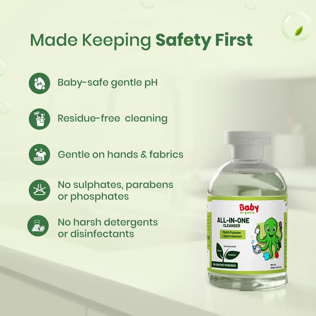 BabyOrgano Baby Bottle Cleanser Liquid 300ml | Feeding Bottle Wash, Fruit & Vegetable Washer | Removes 99% Germs, Pesticides & Milk Residue | Natural Neem & Reetha Formula | Chemical-Free