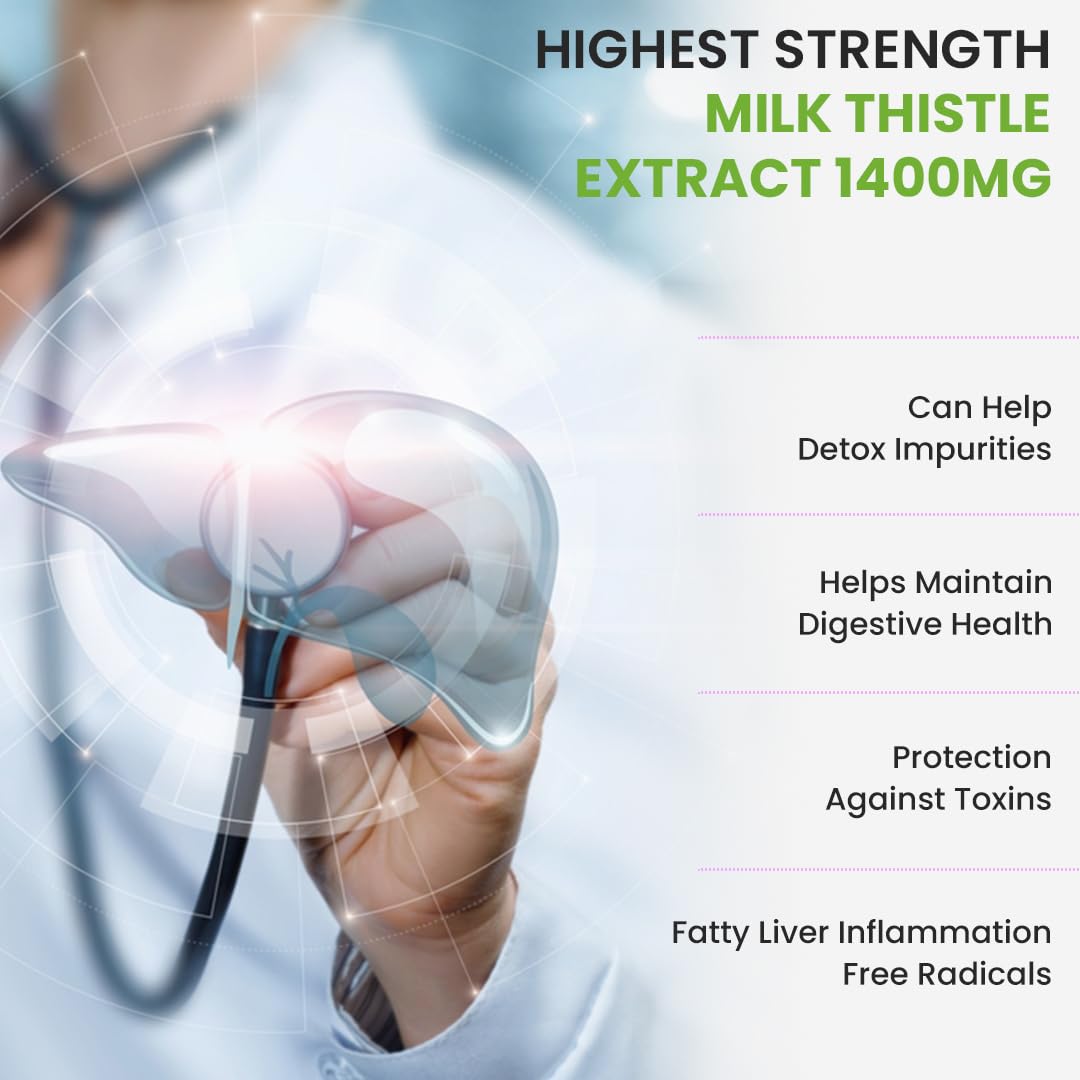 Advertisement for highest strength milk thistle extract 1400mg with a doctor holding a stethoscope.