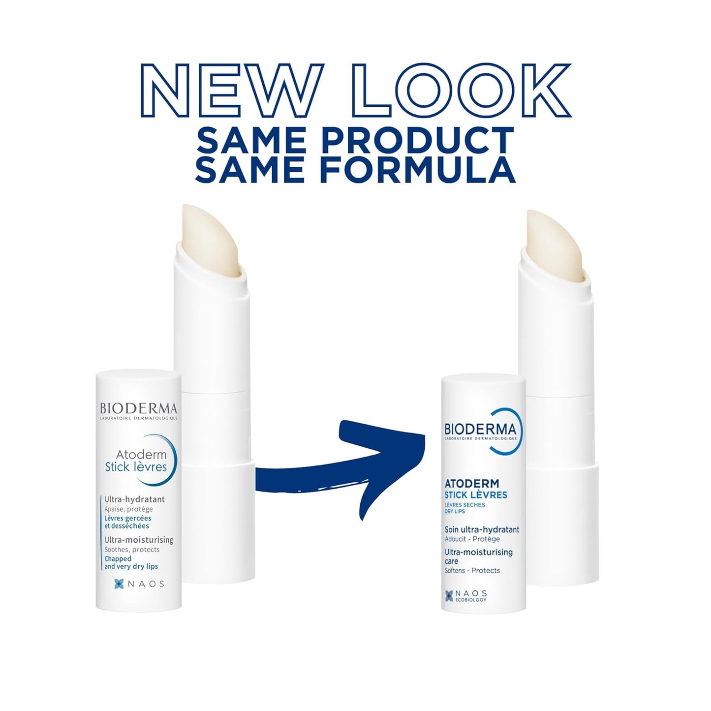 Bioderma Atoderm lip balm with text 'New Look Same Product Same Formula' on a white background