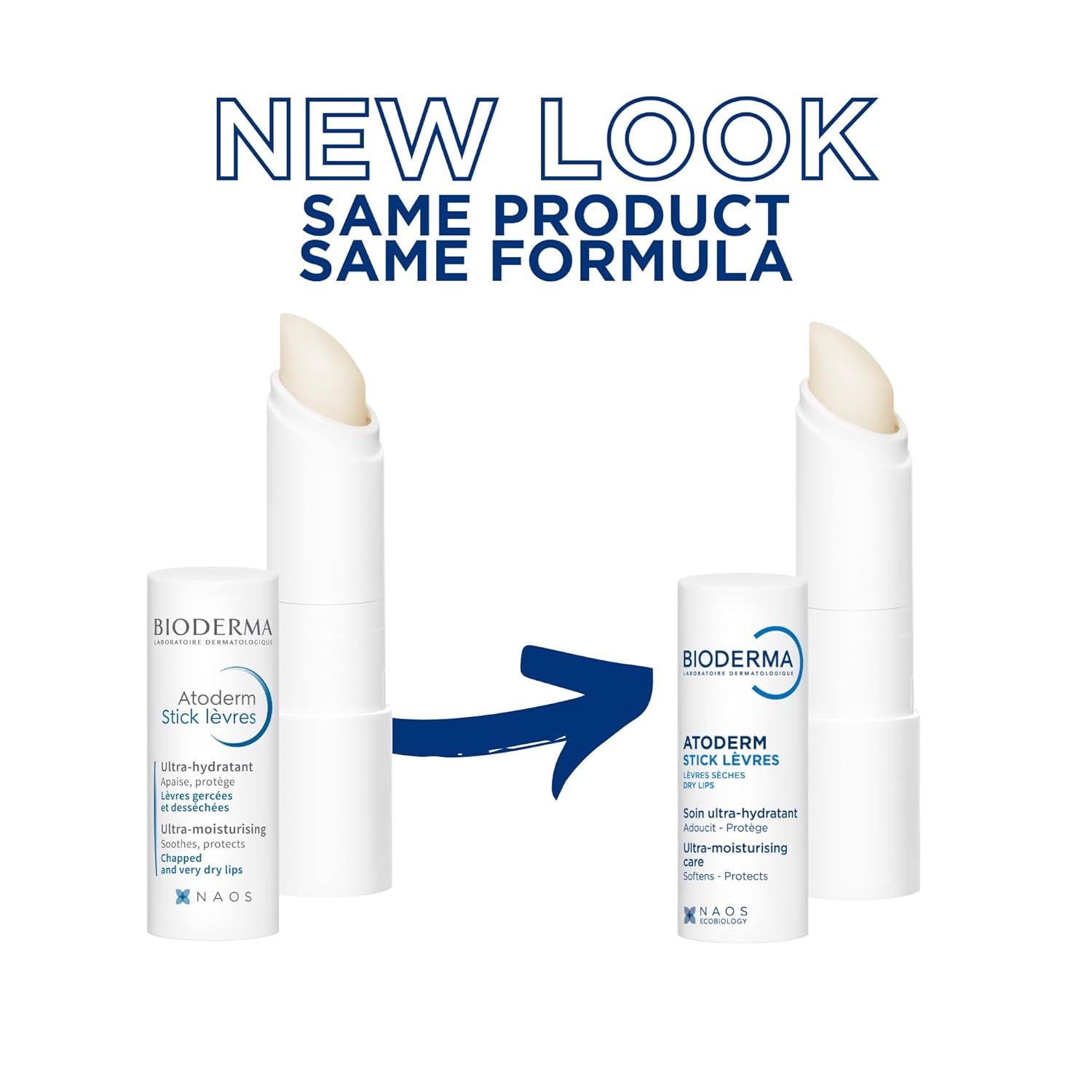 Bioderma Atoderm lip balm with text 'New Look Same Product Same Formula' on a white background