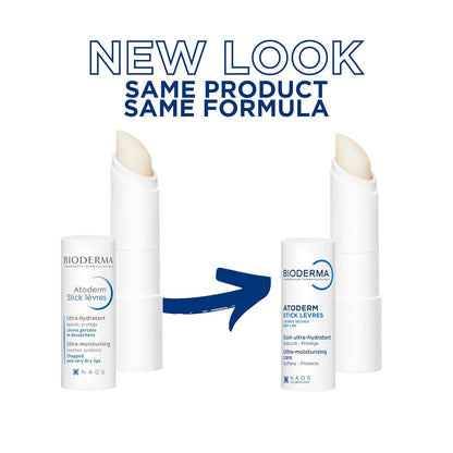 Bioderma Atoderm lip balm with text 'New Look Same Product Same Formula' on a white background