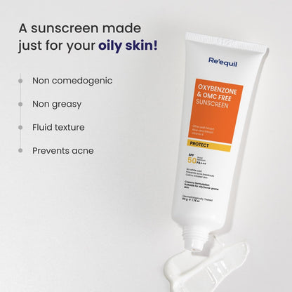 Sunscreen pump bottle with text highlighting features for oily skin on a white background