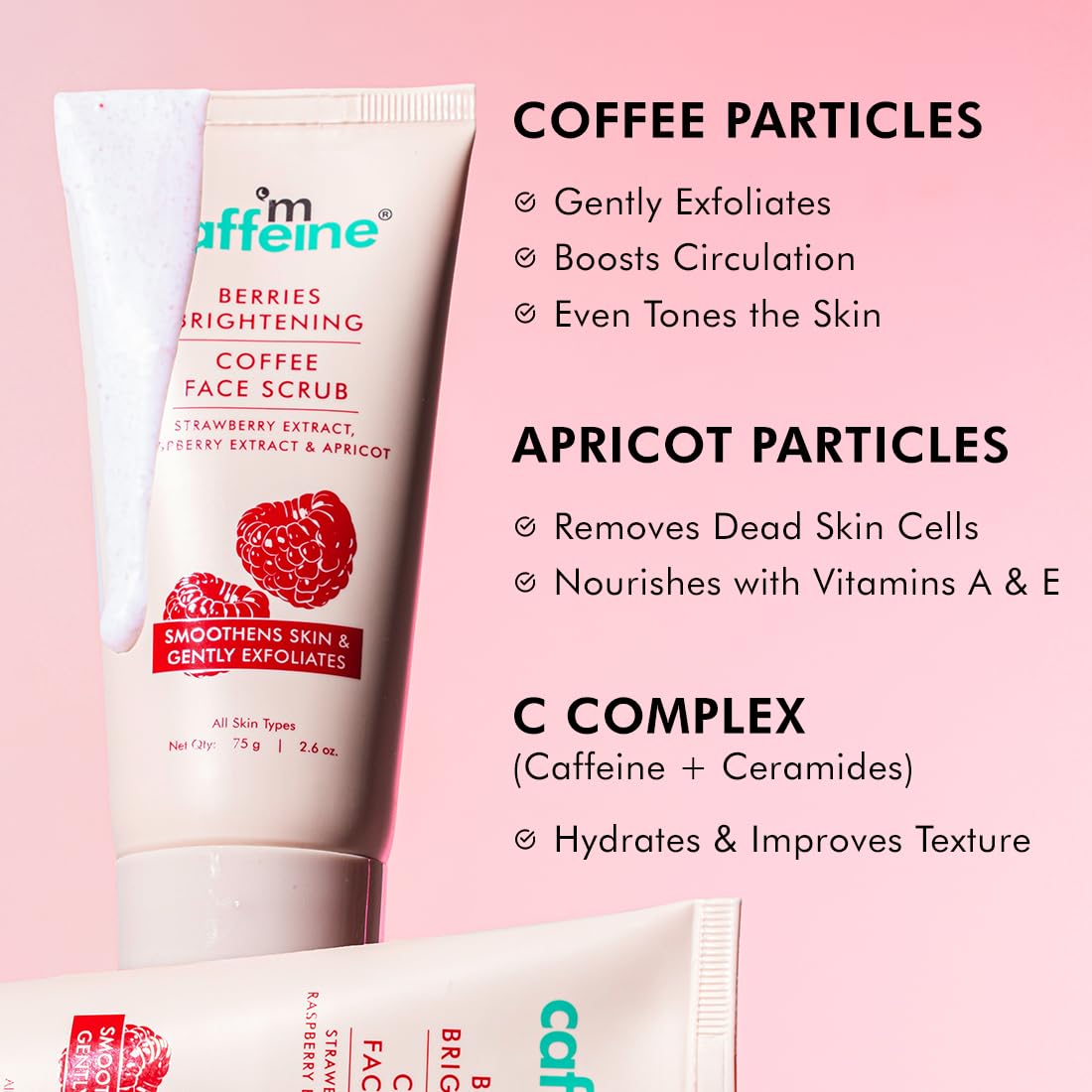 Affeine berries brightening coffee face scrub with product details on a pink background