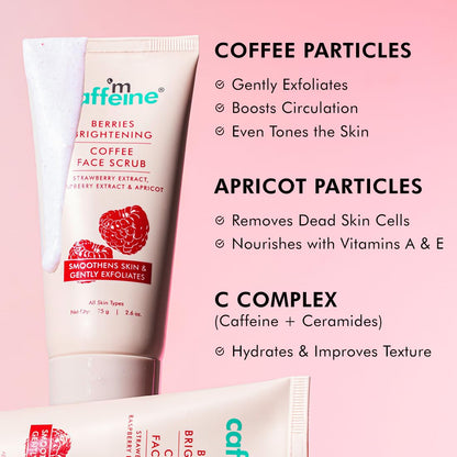 Affeine berries brightening coffee face scrub with product details on a pink background